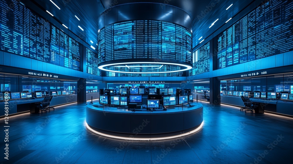 Poster high-tech trading room with digital screens and data streams