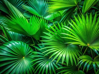 Obraz premium Lush Green Palm Leaves Tropical Backdrop - Tranquil Nature Texture Stock Photo