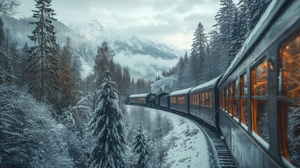Scenic Winter Train Journey Through Snowy Mountainscape