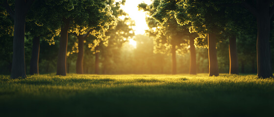 forest scene with sunlight streaming through the trees, casting warm glow on the lush greenery.