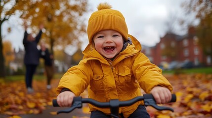 Joyful caucasian child riding bike in autumn park with smiling parents visible in background.