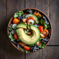 A delicious bowl of fresh salad with vegetables and avocado on a wooden table, top view, natural lighting, appetizing presentation