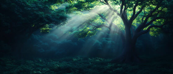 Obraz premium Sunbeams piercing through lush forest canopy, casting light on serene woodland floor.