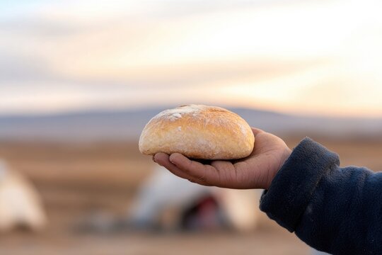 close-up image of child small dusty hand holding single piece of bread with blurred backdrop of makeshift shelter providing