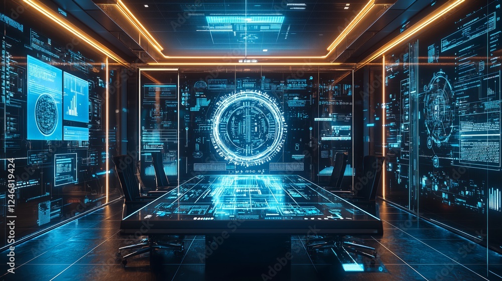 Poster futuristic tech lab with holographic interfaces and displays