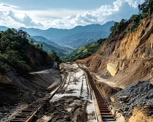 Mountainous railway construction in a lush valley