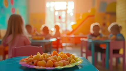 Colorful plate of sliced apricots in foreground, blurry background of children at daycare tables.