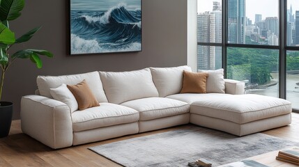 Modern sectional sofa, city view, apartment, relax