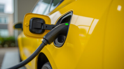 Close-Up of Electric Car Charging Port with Cable in Vibrant Yellow Color, Modern Sustainable Transport Concept in Urban Environment