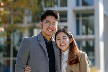 Obraz premium Portrait of a cheerful asian couple in their 20s dressed in a stylish blazer isolated in modern university campus background