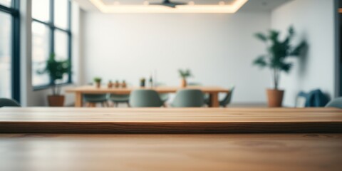 Modern minimalist workspace with a wooden table in focus and blurred background
