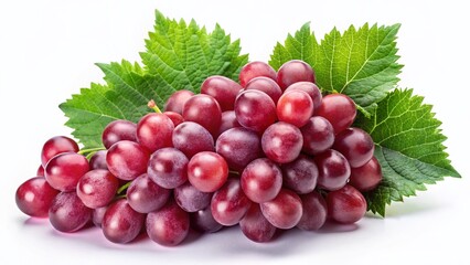 Fototapeta premium Lush Red Grapes with Green Leaves Isolated on White Background - High-Resolution Aerial Stock Photo