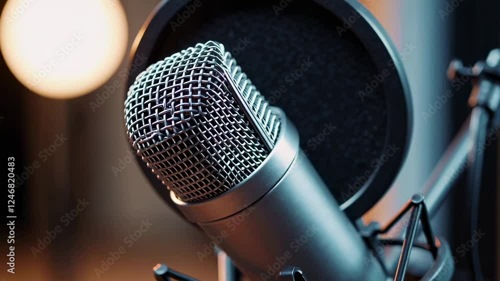 Poster Close up slow motion shot of a professional condenser microphone in a recording studio, highlighting its presence with a pop filter in the background
