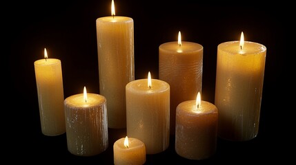 Lit beige candles of various sizes on black background.