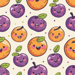 Kawaii style peach and plum pattern with cartoon smiling fruits, perfect for cheerful designs