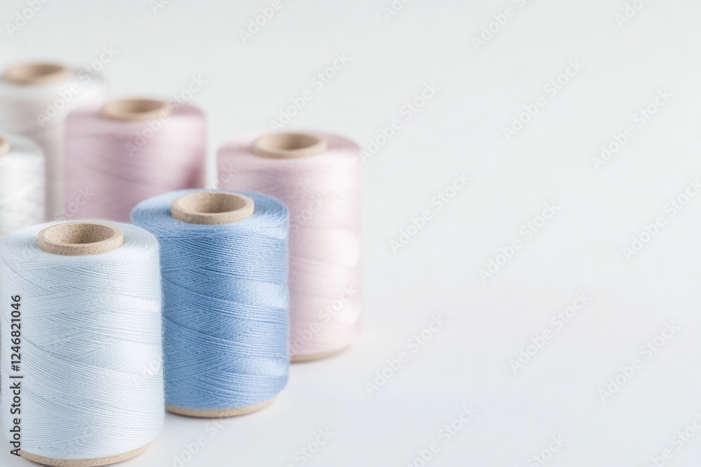 Poster close-up of spools of thread aligned in gradient color pattern placed on smooth white background