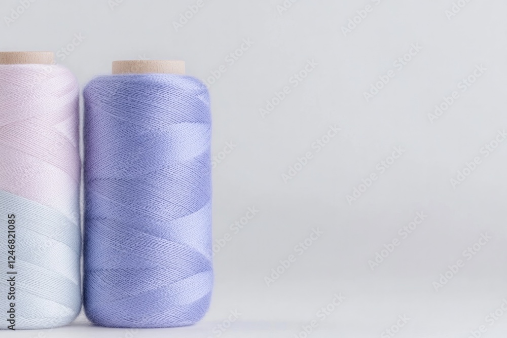 Poster close-up of spools of thread aligned in gradient color pattern placed on smooth white background