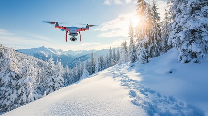 Drone Flying Over Snowy Mountain Landscape in Winter