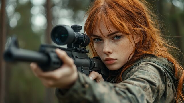 A skilled young redhead woman participates in tactical gun training at an outdoor shooting range surrounded by trees, showcasing focus and determination while aiming her rifle