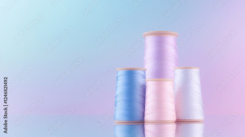 Poster close-up of spools of thread in gradient color arrangement placed on reflective surface with diffuse