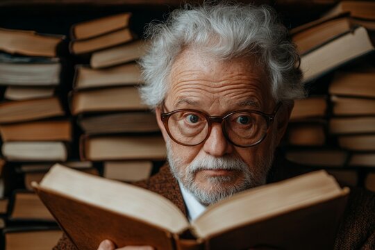 A literary critic analyzing a book while sitting in a study surrounded by old tomes