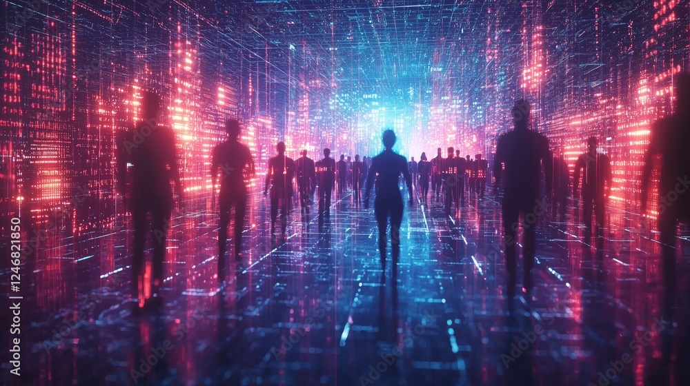 Poster silhouettes in digital forest of colorful data streams