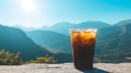 Iced Coffee Refreshment with Mountain Views in the Background