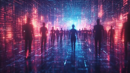 Fototapeta premium Silhouettes in Digital Forest of Colorful Data Streams