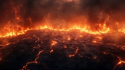 Fototapeta premium Fiery Lava Crust with Erupting Flames and Dark Smoky Sky