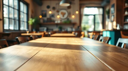 Sunlit Wooden Table in a Cozy Cafe Setting