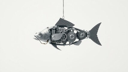 A Mechanical Fish Sculpture Hanging on a Chain, Detailed Gears and Metal Components Visible