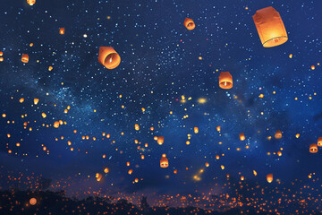 Fototapeta premium Beautiful holiday composition for happy celebrate chinese festival of lanterns, abstract vivid composition consists of fictional unreal fantastic vision on background
