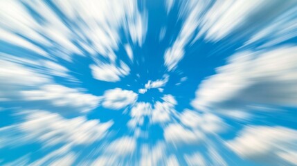 Dynamic abstract zoom effect on a blue sky with fluffy clouds creates a sense of movement and speed