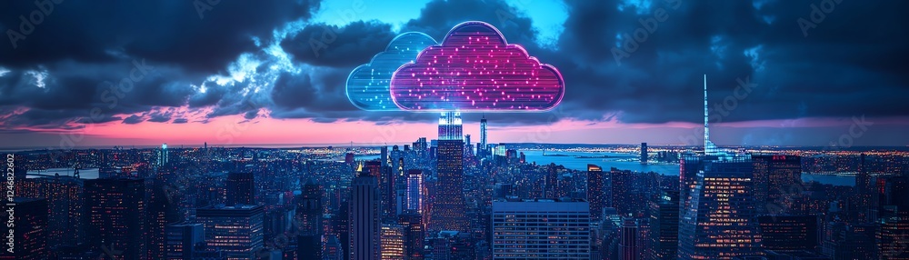 Poster cloud storage and digital network icons glowing over manhattan skyline, visualizing advanced online 