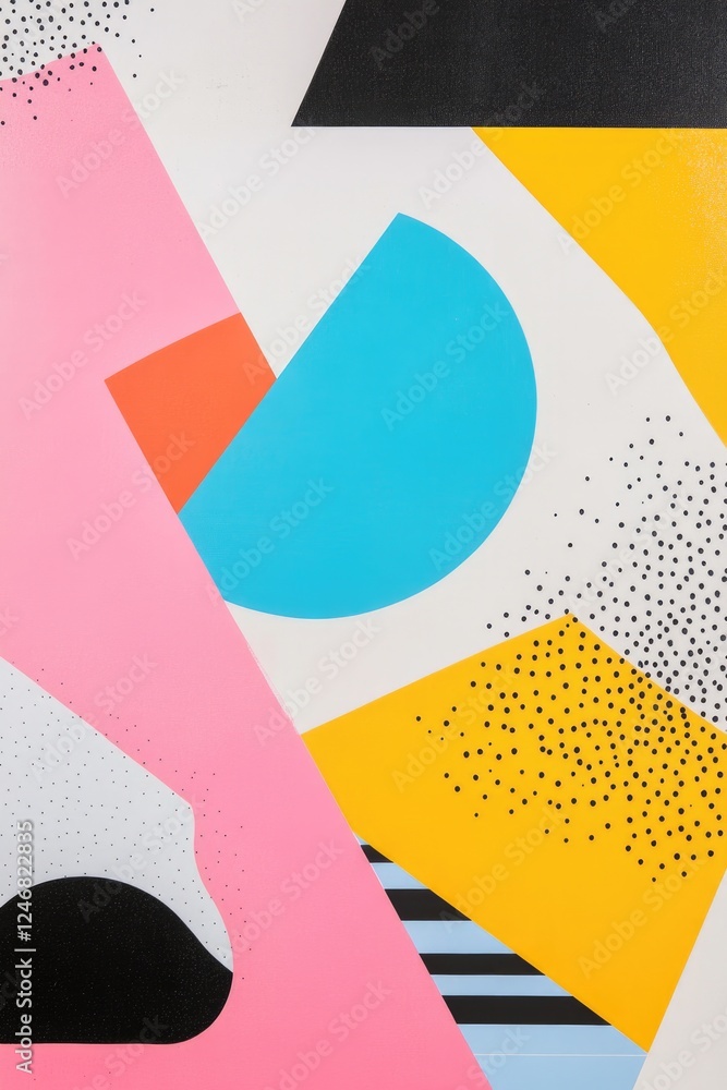 Aufkleber composition of bold acid-colored shapes overlapping in psychedelic patterns creating sense of moveme