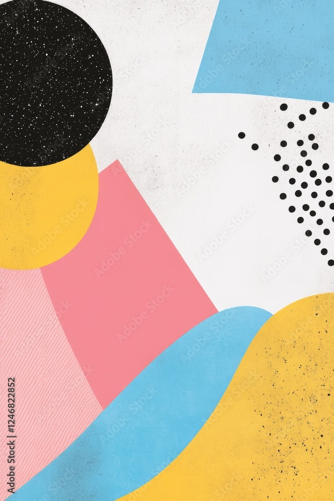 Aufkleber composition of bold acid-colored shapes overlapping in psychedelic patterns creating sense of moveme
