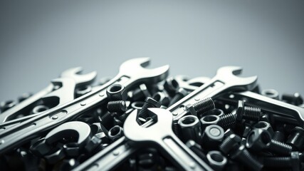 Close-up view of metallic wrenches and nuts and bolts in a pile, suggesting themes of engineering, construction, and maintenance.