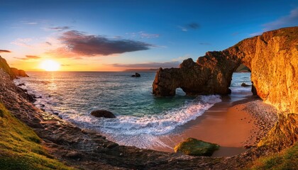 Breathtaking sunset over a rocky beach during the summer season