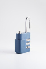 3 digit combination padlock. Travel luggage lock. Blue suitcase lock in opened position. Travel...
