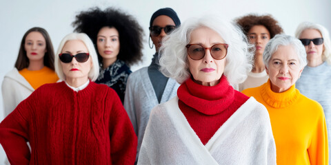 Obraz premium a group with many middle-aged, old and young models of different ethnicities dressed fashionably in multi-colored clothes, are in one photo.