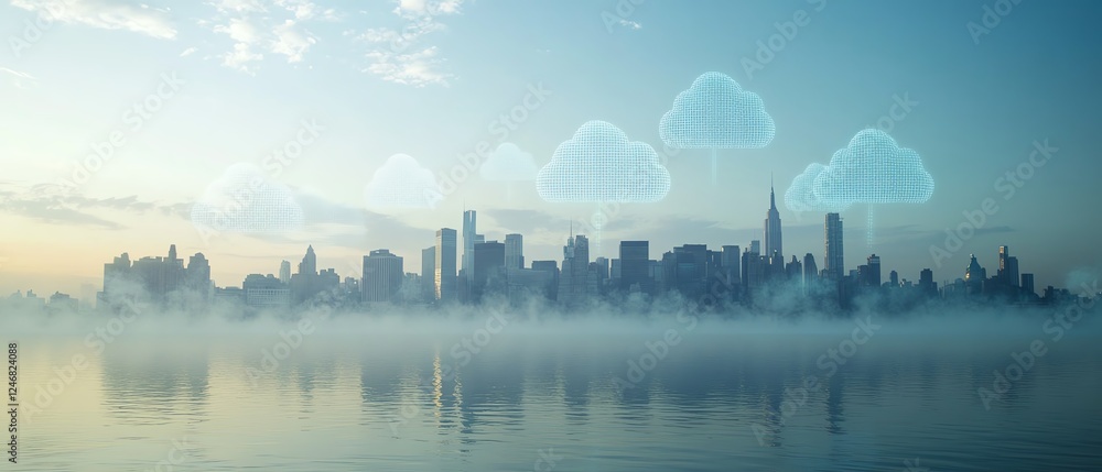 Poster digital network and cloud storage icons floating over manhattan cityscape, representing online data 