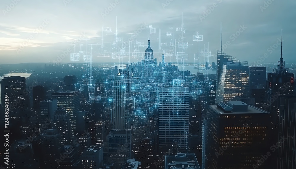 Poster digital network and cloud storage icons floating over manhattan cityscape, representing online data 