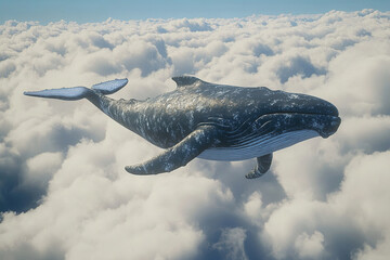 Fototapeta premium Majestic flying whale glides effortlessly among fluffy white clouds in a breathtaking sky