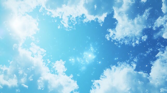 A dreamy bright blue sky with fluffy white clouds and a dynamic abstract zoom effect