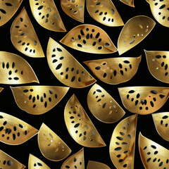 Luxurious golden watermelon pattern on black background, showcasing abstract geometric shapes and...