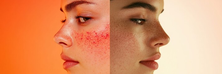 Comparison of skin conditions revealing acne on one side and glowing complexion on the other side for skincare awareness. Generative AI