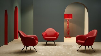 Minimalist room design. The room is decorated in gray tones with red inserts. There are red chairs and a red lamp in the background. The room has a beige floor.