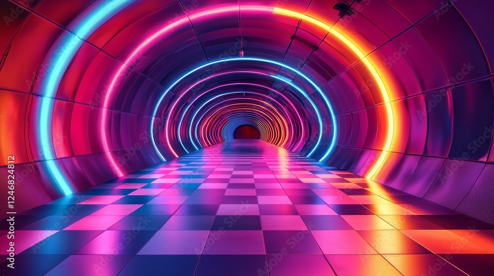 Poster neon tunnel with colorful light patterns and reflections