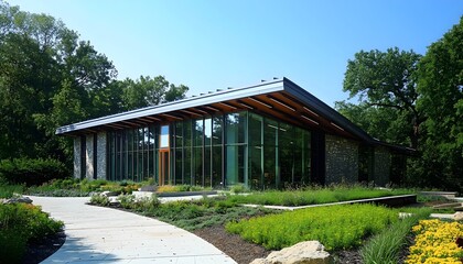 Obraz premium Modern Stone and Glass House in a Wooded Setting