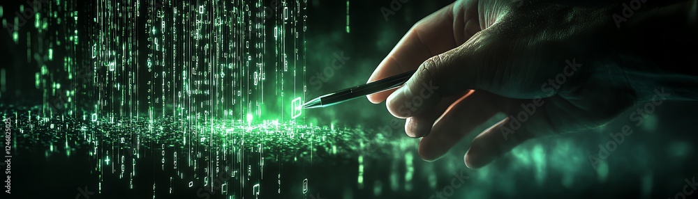Poster hand holding stylus, activating digital lock symbol with flowing code in the background, dark techno